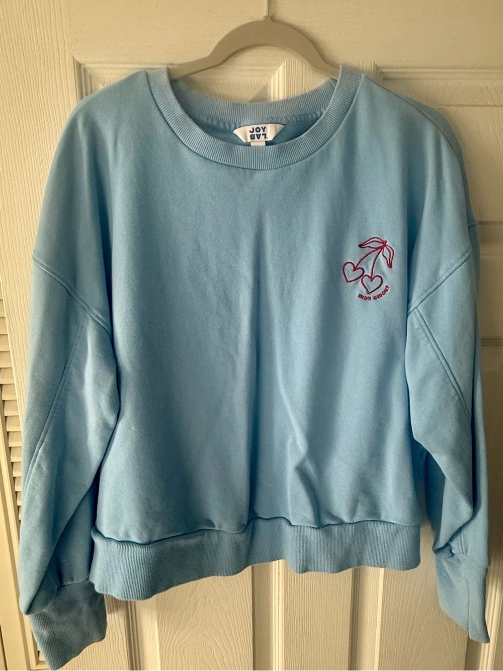 JoyLab Sky Blue Pullover Sweatshirt with Cherry Heart Accent